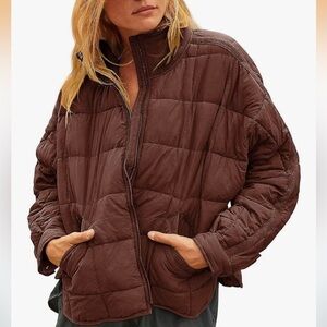 Freyhem Quilted Puffer Jacket Lightweight Zip Up Padded Coat Pockets Brown Small
